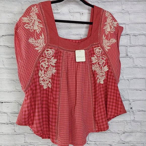 'FREE PEOPLE' 'BEĹĹA' EMBROIDED SQUARE-NECK PEASANT TOP FLUTTER-SLEEVE GINGHAM - Picture 5 of 16